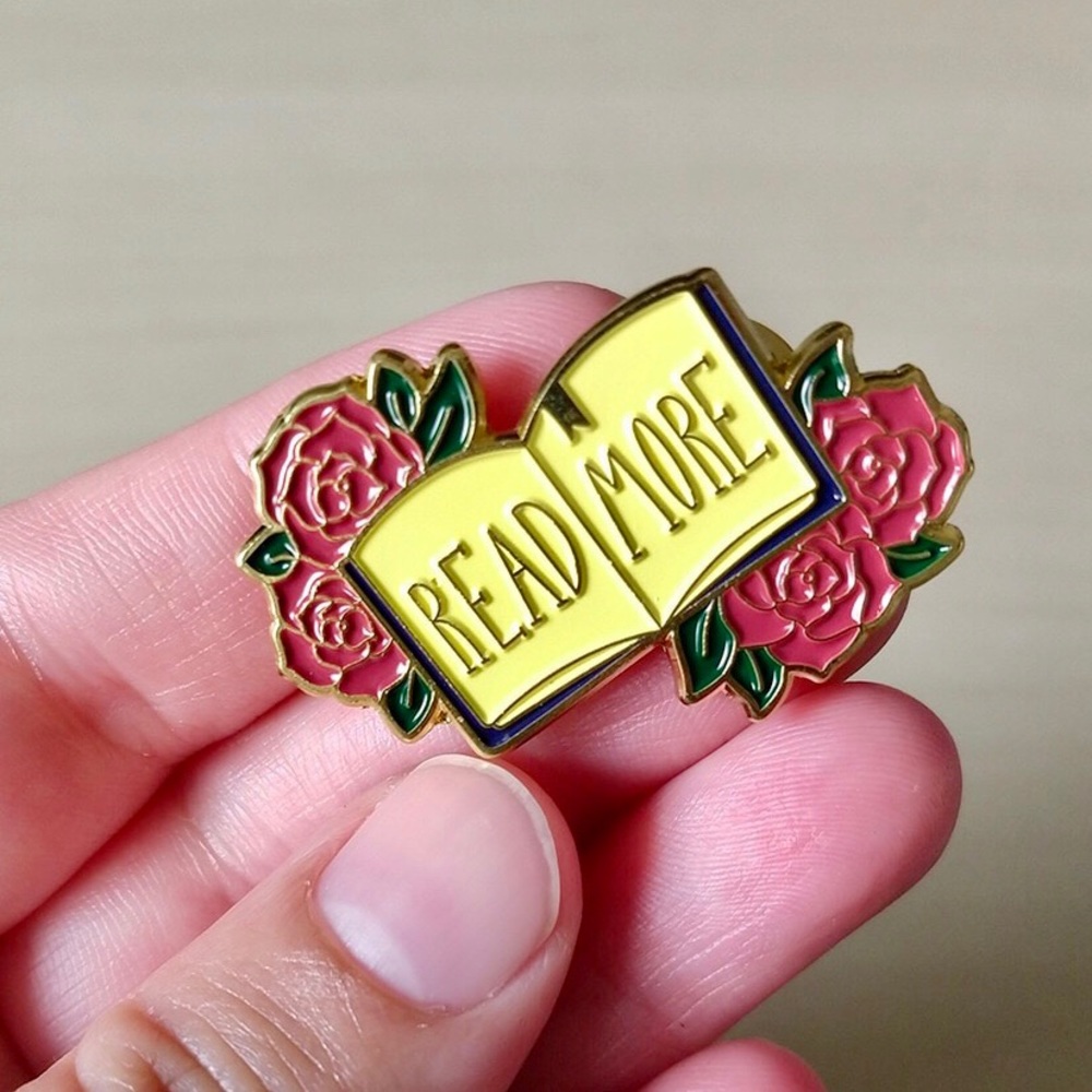 Read More Book and Flowers Gold Enamel Pin